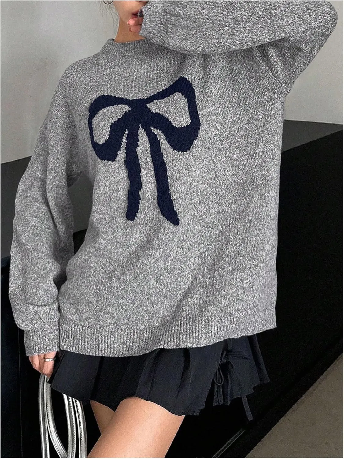 MakeMeChic Women's Y2K Bow Knot Sweaters Long Sleeve Mock Neck Pullover Sweaters Knit Top
