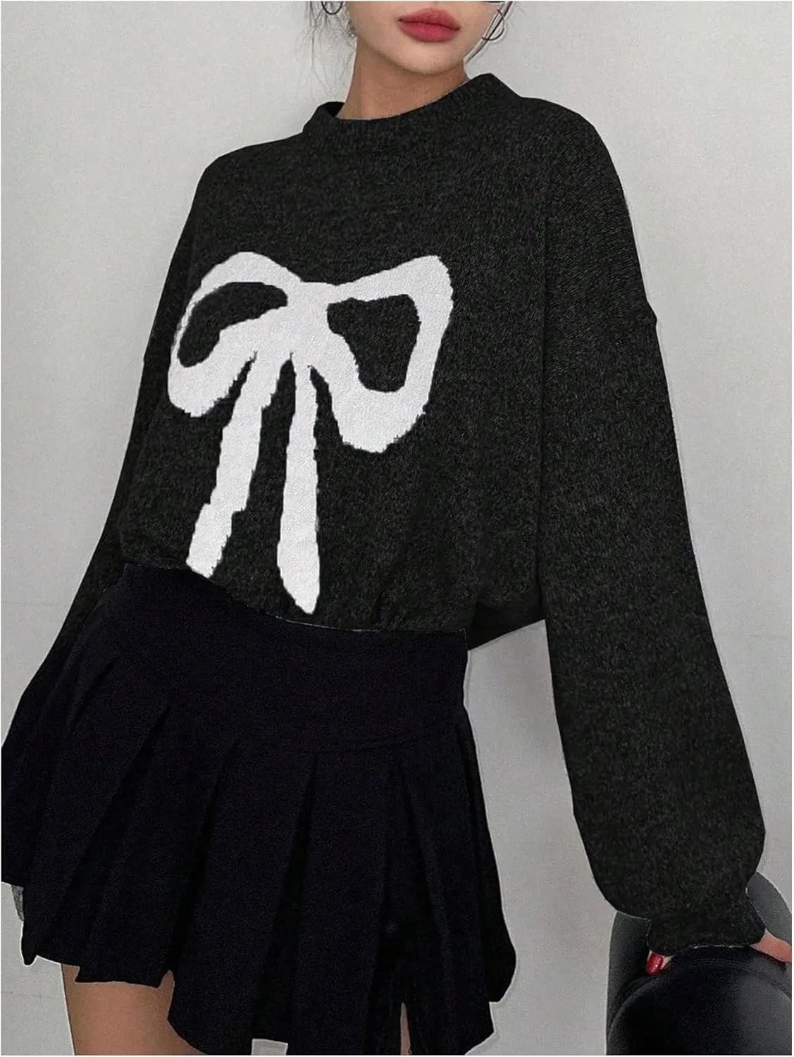 MakeMeChic Women's Y2K Bow Knot Sweaters Long Sleeve Mock Neck Pullover Sweaters Knit Top