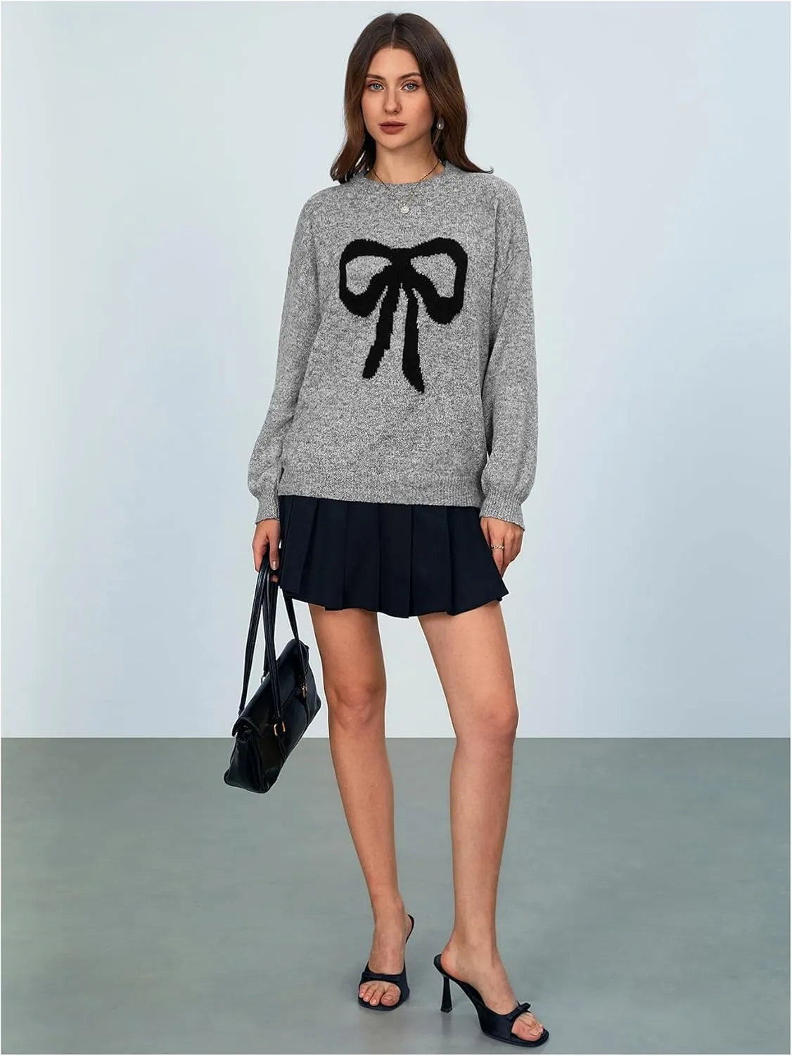 MakeMeChic Women's Y2K Bow Knot Sweaters Long Sleeve Mock Neck Pullover Sweaters Knit Top