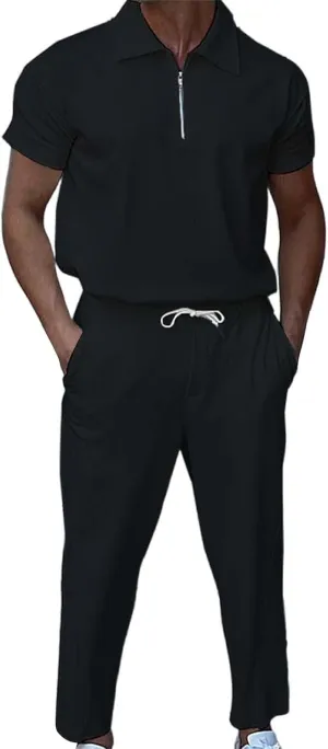 Mens 2 Pieces Corduroy Set Casual Short Sleeve Zip Up Polo Shirts and Pant Suits Beach Yoga Work Pants Outfits