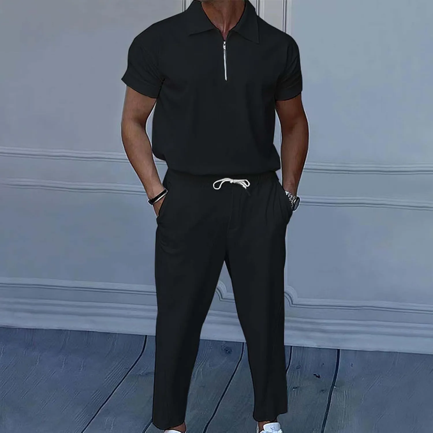 Mens 2 Pieces Corduroy Set Casual Short Sleeve Zip Up Polo Shirts and Pant Suits Beach Yoga Work Pants Outfits