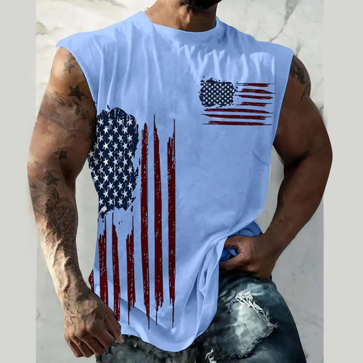 Men's Big and Tall Sleeveless Tank Top American Flag Patriotic Shirts Plus Size USA Graphic Fashion Muscle Gym Tees Vest