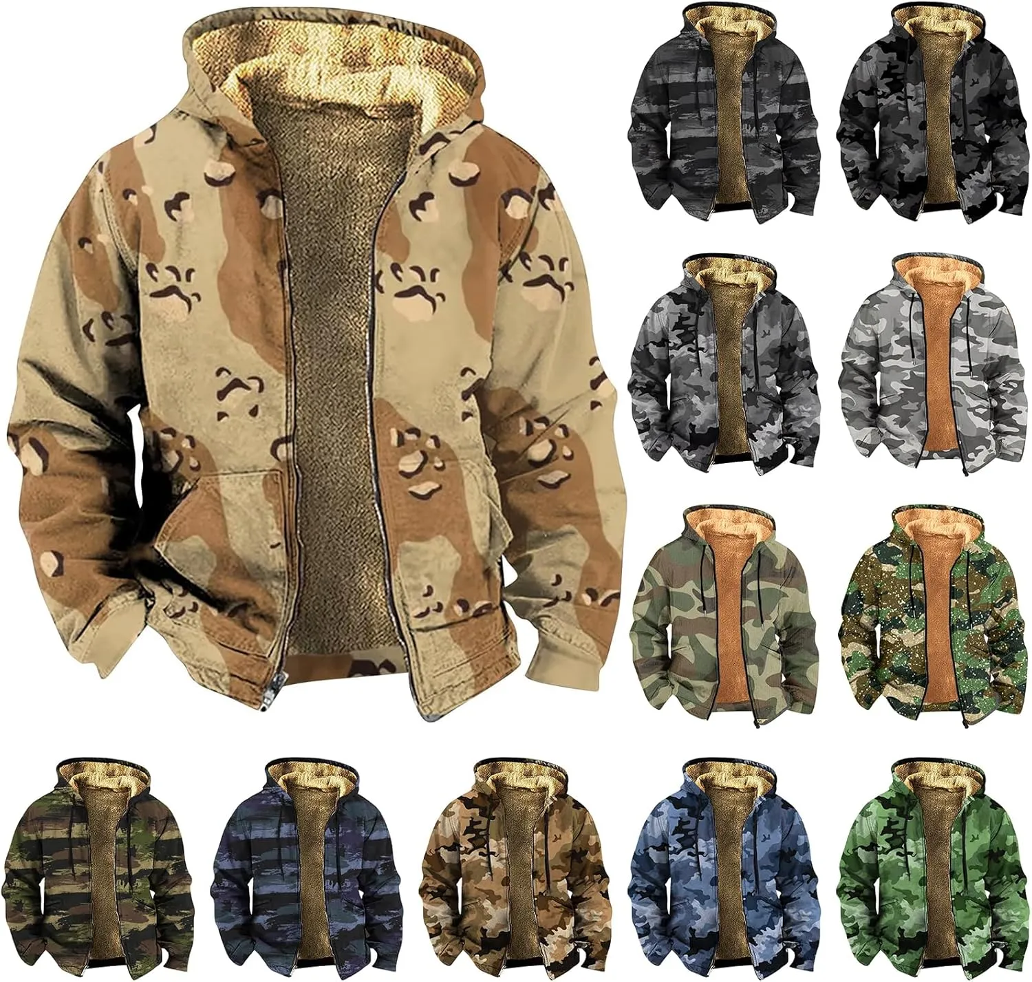 Mens Camo Hooded Jacket Vintage Full Zip Fleece Lined Hoodies Winter Warm Casual Long Sleeve Camouflage Jackets
