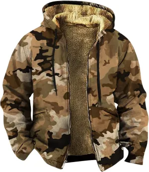Mens Camo Hooded Jacket Vintage Full Zip Fleece Lined Hoodies Winter Warm Casual Long Sleeve Camouflage Jackets