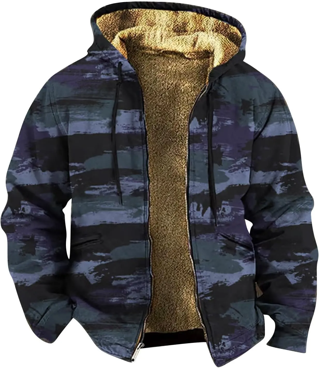 Mens Camo Hooded Jacket Vintage Full Zip Fleece Lined Hoodies Winter Warm Casual Long Sleeve Camouflage Jackets