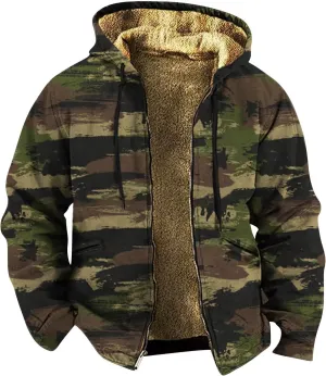 Mens Camo Hooded Jacket Vintage Full Zip Fleece Lined Hoodies Winter Warm Casual Long Sleeve Camouflage Jackets