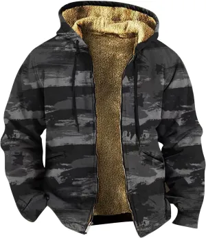 Mens Camo Hooded Jacket Vintage Full Zip Fleece Lined Hoodies Winter Warm Casual Long Sleeve Camouflage Jackets