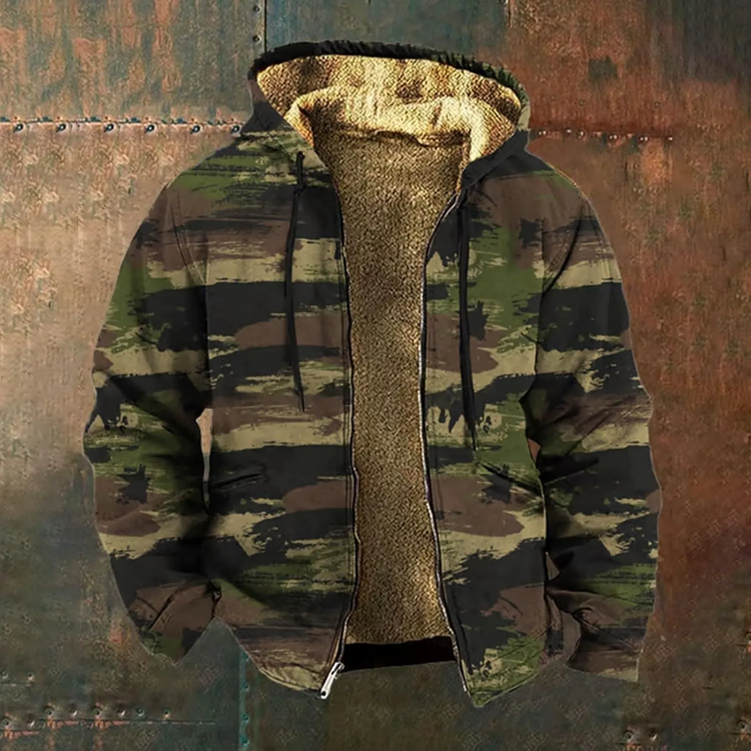 Mens Camo Hooded Jacket Vintage Full Zip Fleece Lined Hoodies Winter Warm Casual Long Sleeve Camouflage Jackets