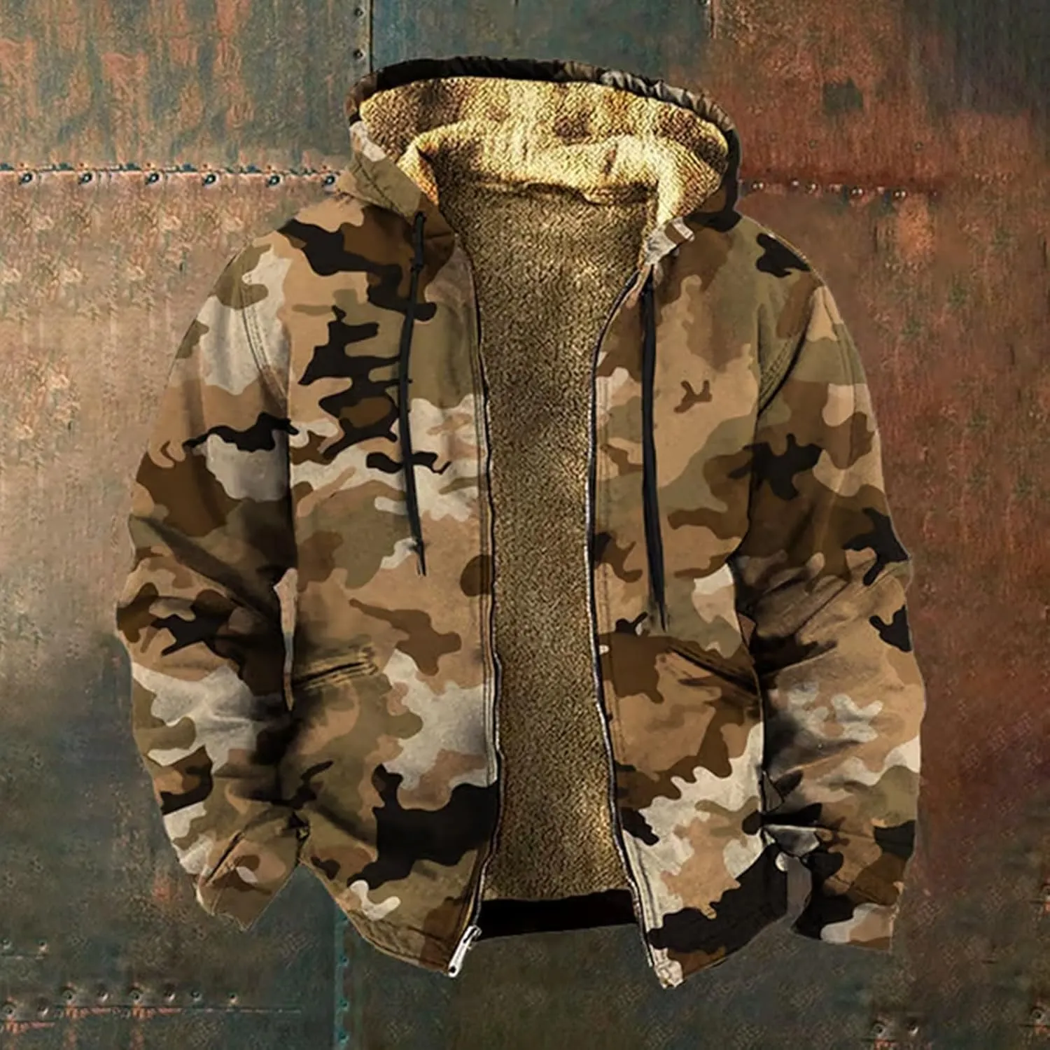 Mens Camo Hooded Jacket Vintage Full Zip Fleece Lined Hoodies Winter Warm Casual Long Sleeve Camouflage Jackets