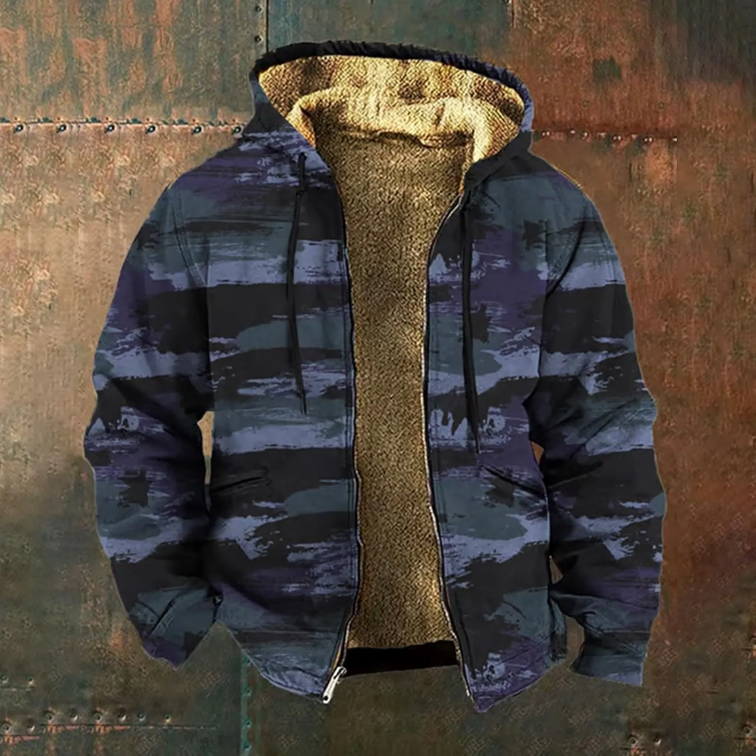 Mens Camo Hooded Jacket Vintage Full Zip Fleece Lined Hoodies Winter Warm Casual Long Sleeve Camouflage Jackets