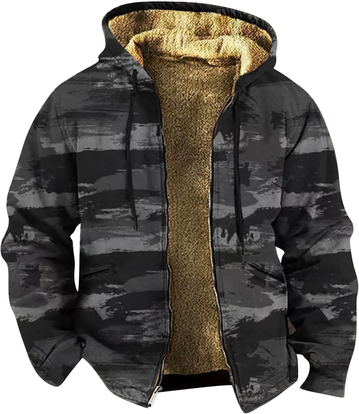Mens Camo Hooded Jacket Vintage Full Zip Fleece Lined Hoodies Winter Warm Casual Long Sleeve Camouflage Jackets
