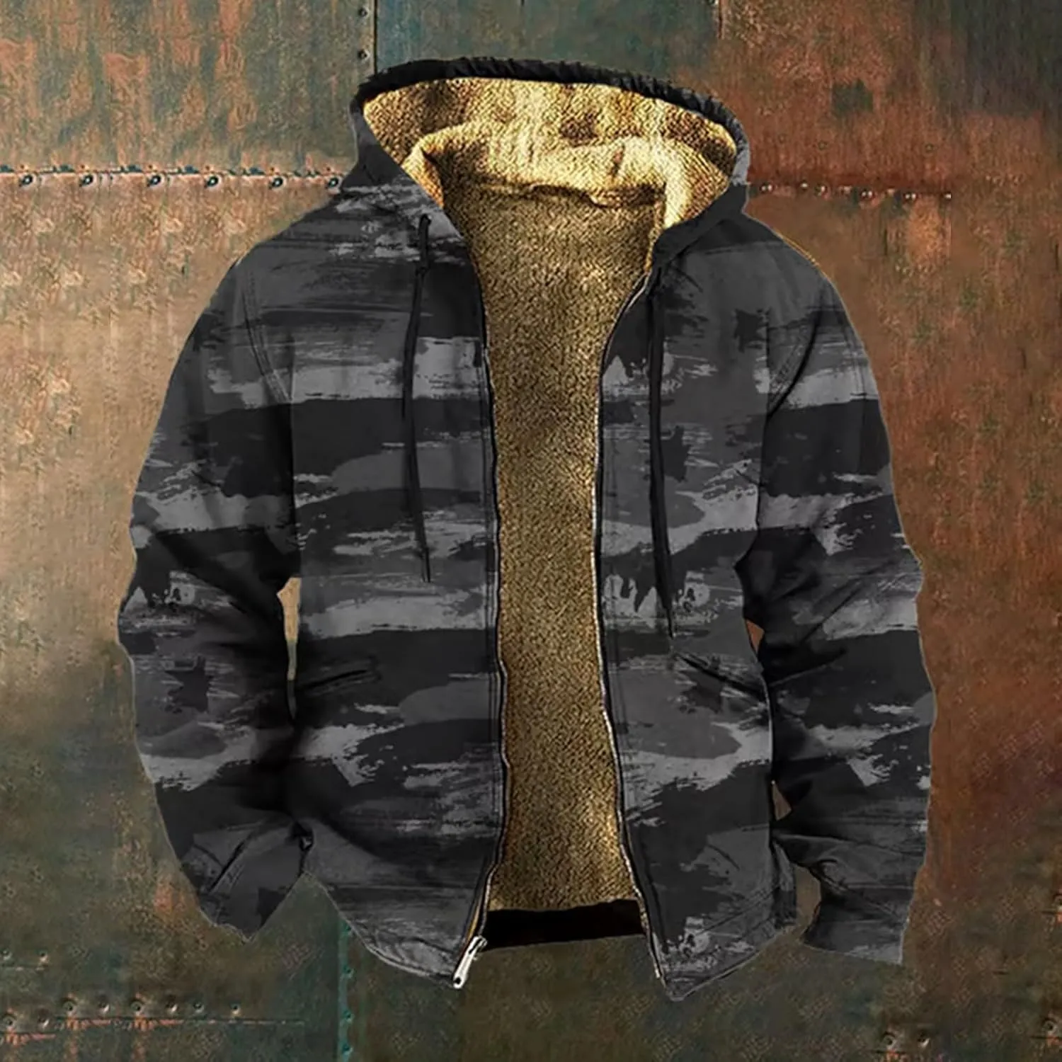 Mens Camo Hooded Jacket Vintage Full Zip Fleece Lined Hoodies Winter Warm Casual Long Sleeve Camouflage Jackets