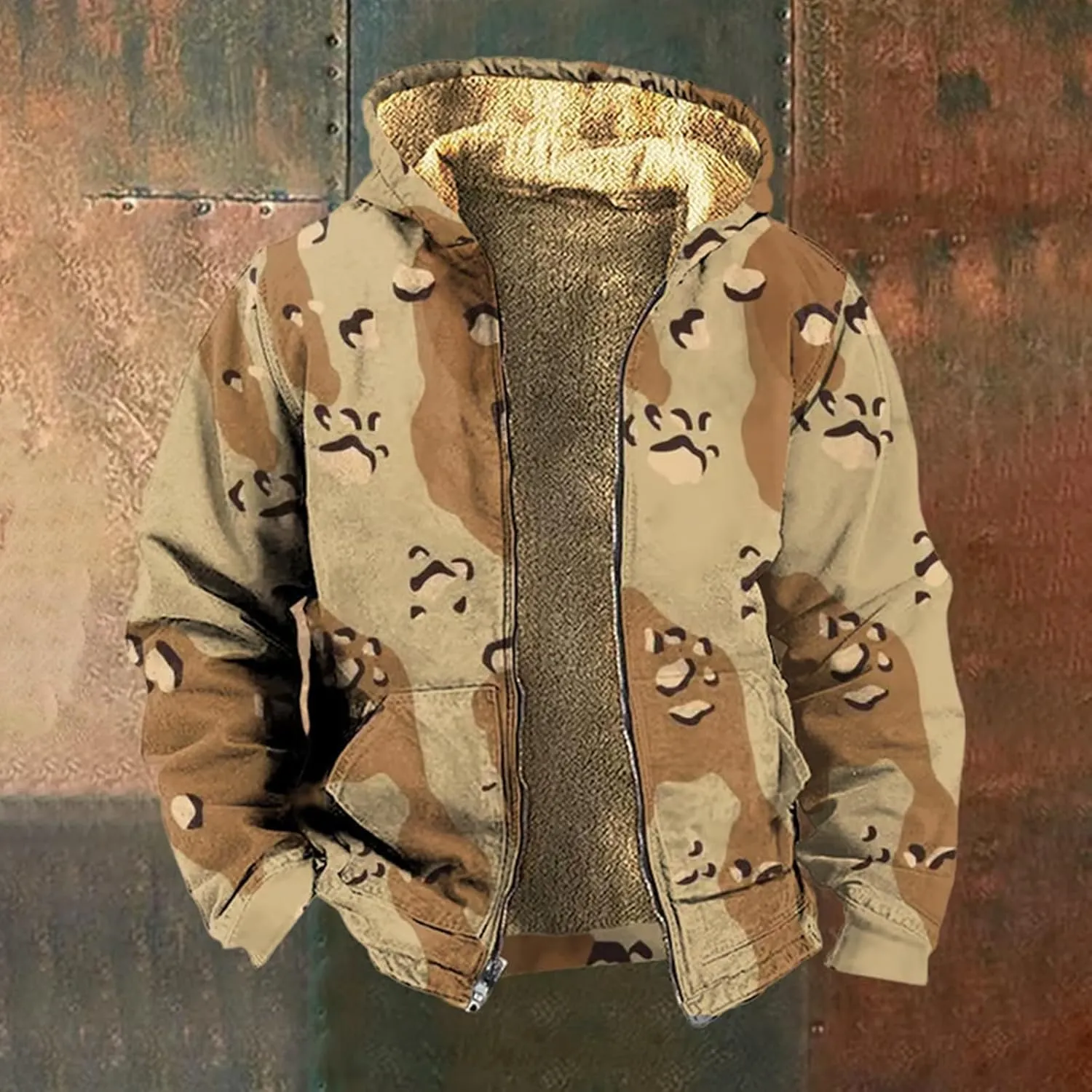 Mens Camo Hooded Jacket Vintage Full Zip Fleece Lined Hoodies Winter Warm Casual Long Sleeve Camouflage Jackets