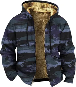 Mens Camo Hooded Jacket Vintage Full Zip Fleece Lined Hoodies Winter Warm Casual Long Sleeve Camouflage Jackets