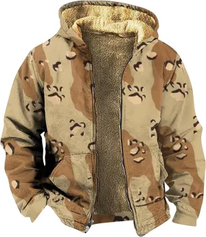 Mens Camo Hooded Jacket Vintage Full Zip Fleece Lined Hoodies Winter Warm Casual Long Sleeve Camouflage Jackets