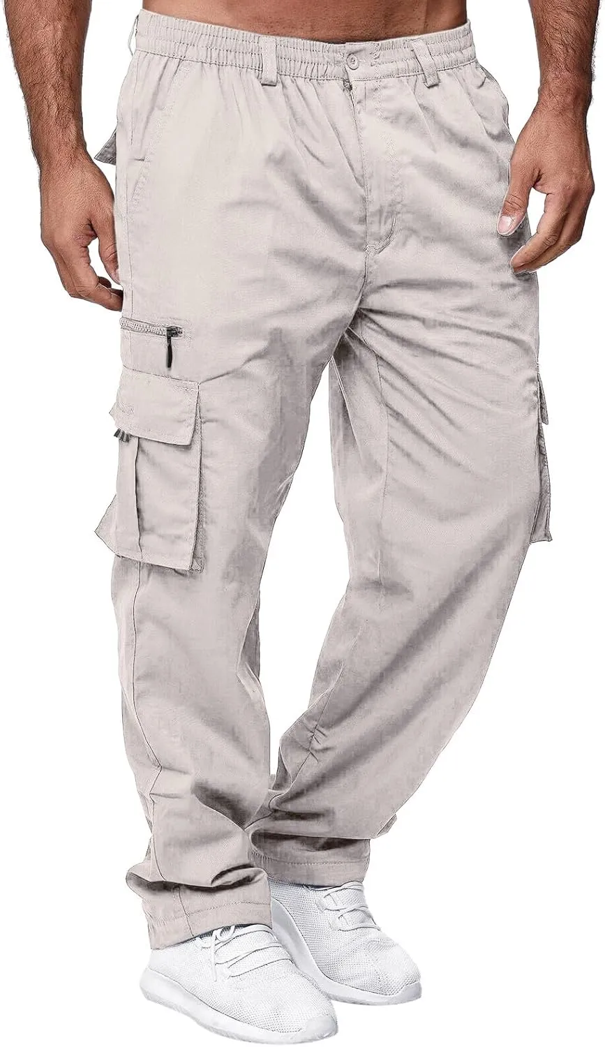 Mens Cargo Joggers Lightweight Tactical Hiking Sweatpants with Pockets Elastic Drawsting Relaxed Fit Workout Slacks