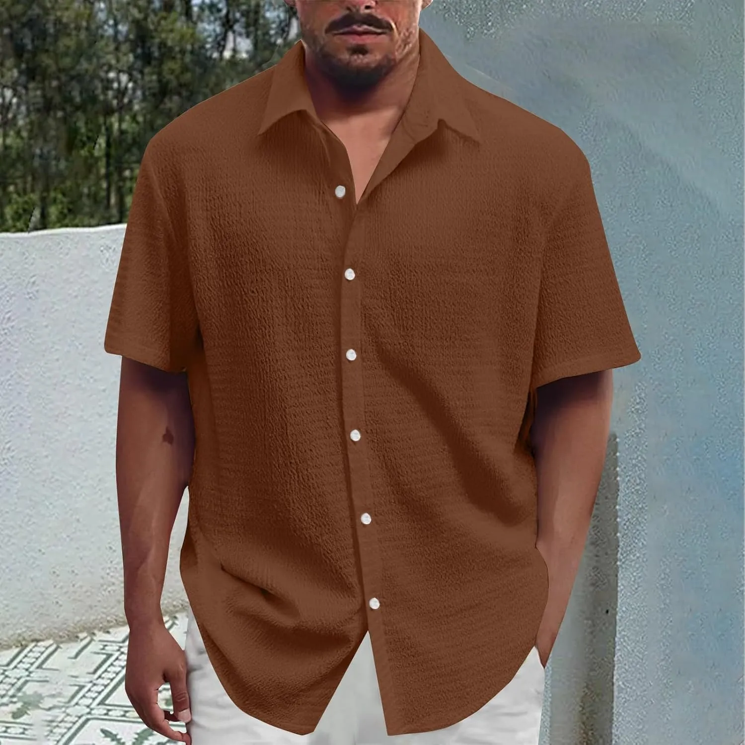 Men's Casual Button Down Shirts Short Sleeve Linen Teshirts Summer Beach Dress Shirt Lightweight Relaxed Fit Tops
