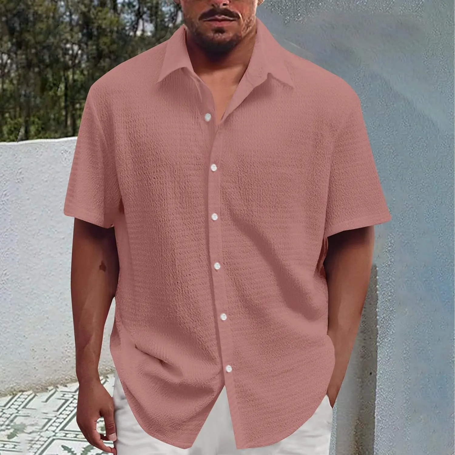 Men's Casual Button Down Shirts Short Sleeve Linen Teshirts Summer Beach Dress Shirt Lightweight Relaxed Fit Tops