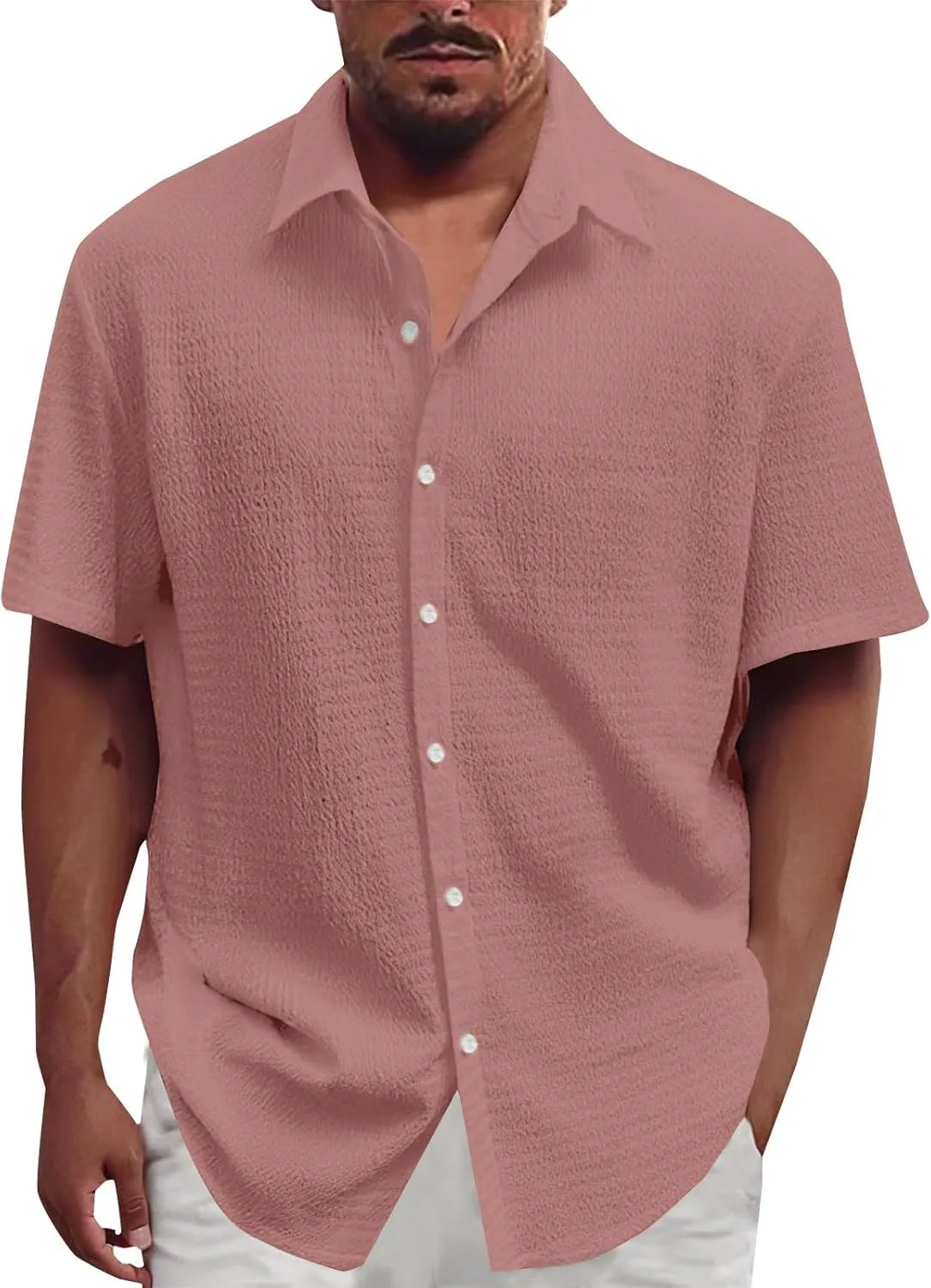 Men's Casual Button Down Shirts Short Sleeve Linen Teshirts Summer Beach Dress Shirt Lightweight Relaxed Fit Tops
