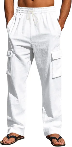 Men's Casual Linen Pants Drawstring Joggers Sweatpants Solid Loose Straight Sweatpants Relaxed Fit Comfy Trousers