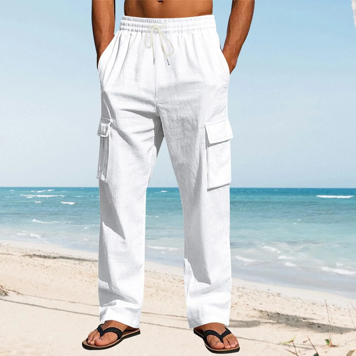 Men's Casual Linen Pants Drawstring Joggers Sweatpants Solid Loose Straight Sweatpants Relaxed Fit Comfy Trousers