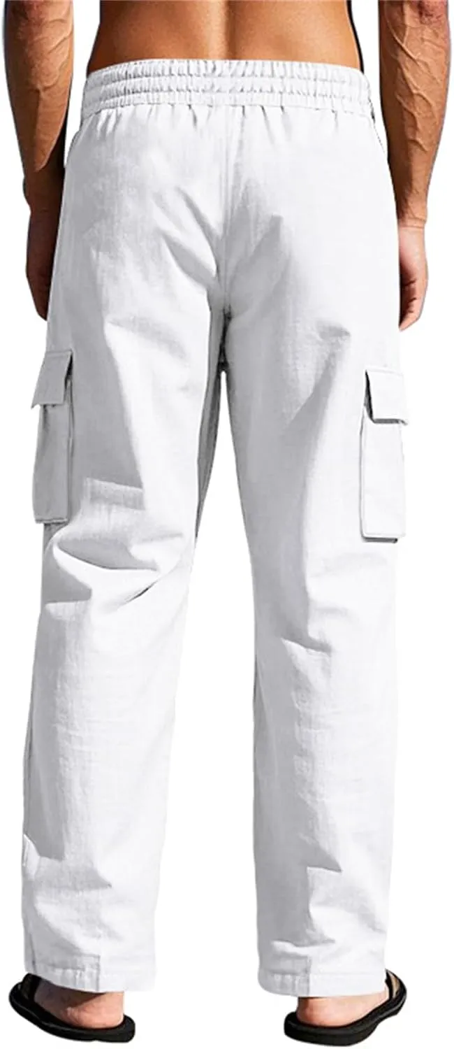 Men's Casual Linen Pants Drawstring Joggers Sweatpants Solid Loose Straight Sweatpants Relaxed Fit Comfy Trousers
