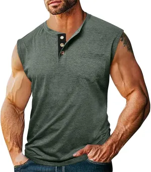 Men's Casual Workout Tank Top Muscle Fit Sleeveless Cut Off Henley T-Shirt Quick Drying Yoga Running Vest Tops