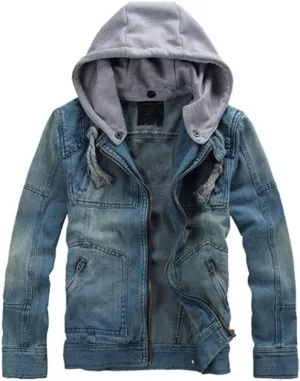 Men`s Classic Hoodie Denim Jacket Trucker Slim Fit Jeans Jackets