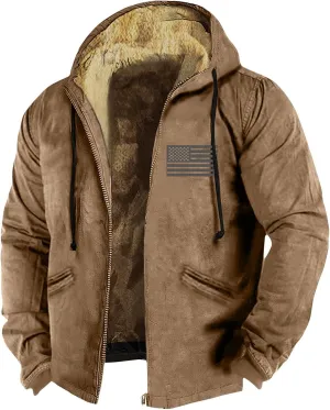 Mens Coat Sherpa Fleece Lined Hoodies Full Zipper Coats Winter Warm Jackets Vintage Printed Outwear