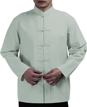 Mens Cotton Linen Frog Closure Shirt Mandarin Collar Long Sleeve Chinese Style Retro Tops Kung Fu Tai Chi Loose Fit Tshirt