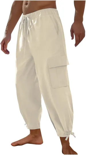 Men's Cotton Linen Lace up Elastic Waist Wide Leg Pants Fashion Solid Color Multiple Pockets Comfy Cargo Sweatpant