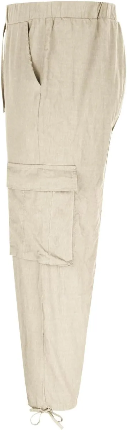Men's Cotton Linen Lace up Elastic Waist Wide Leg Pants Fashion Solid Color Multiple Pockets Comfy Cargo Sweatpant
