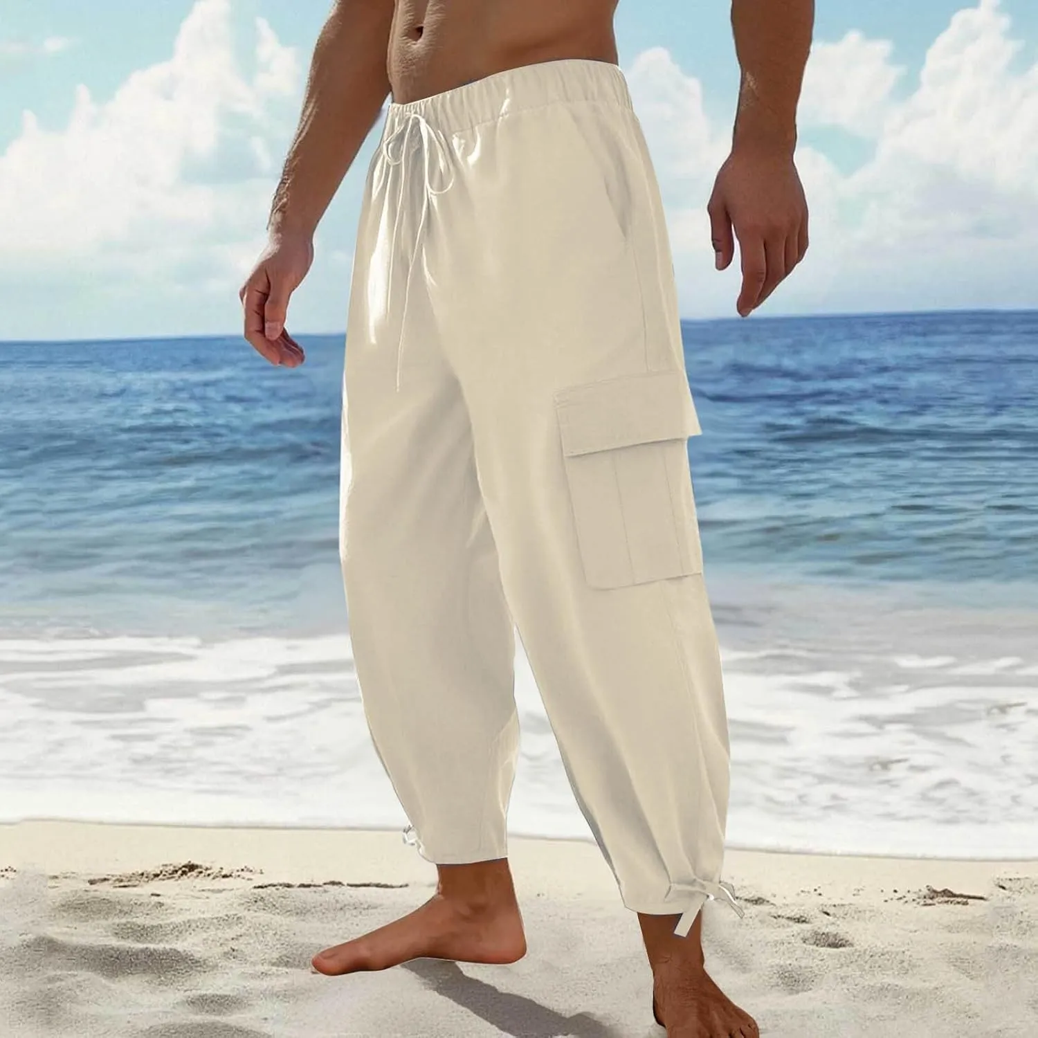 Men's Cotton Linen Lace up Elastic Waist Wide Leg Pants Fashion Solid Color Multiple Pockets Comfy Cargo Sweatpant