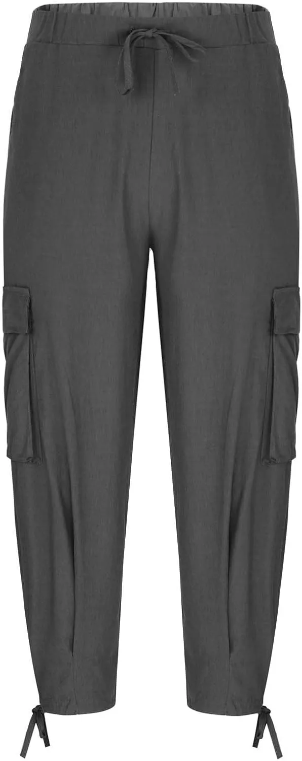 Men's Cotton Linen Lace up Elastic Waist Wide Leg Pants Fashion Solid Color Multiple Pockets Comfy Cargo Sweatpant