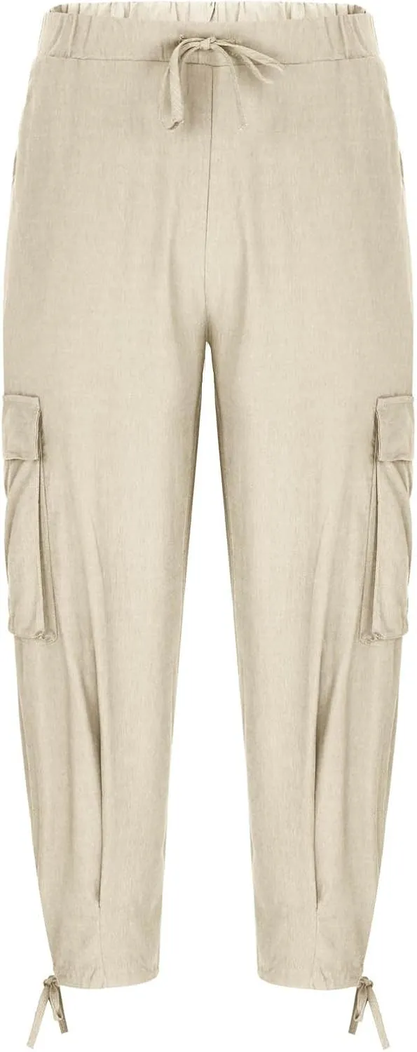 Men's Cotton Linen Lace up Elastic Waist Wide Leg Pants Fashion Solid Color Multiple Pockets Comfy Cargo Sweatpant