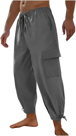 Men's Cotton Linen Lace up Elastic Waist Wide Leg Pants Fashion Solid Color Multiple Pockets Comfy Cargo Sweatpant