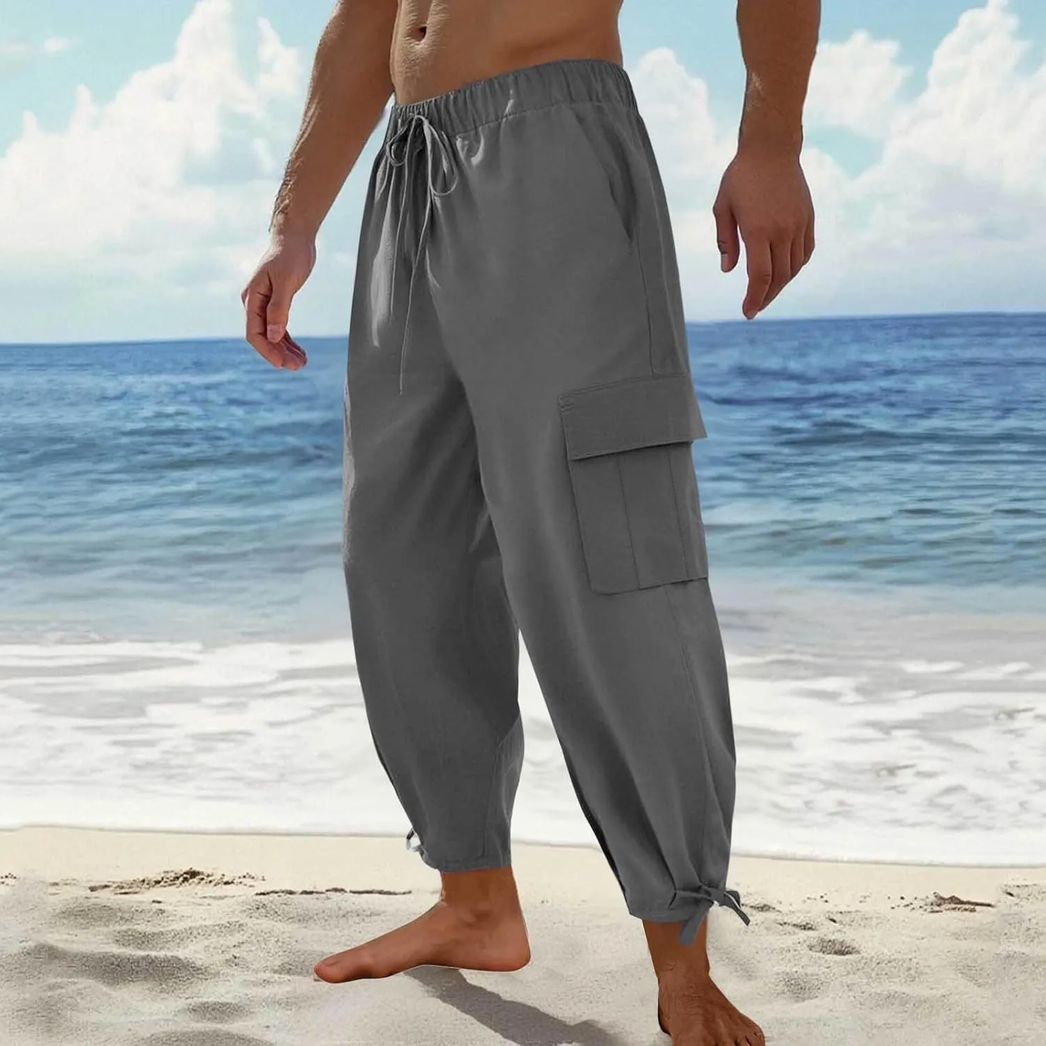 Men's Cotton Linen Lace up Elastic Waist Wide Leg Pants Fashion Solid Color Multiple Pockets Comfy Cargo Sweatpant