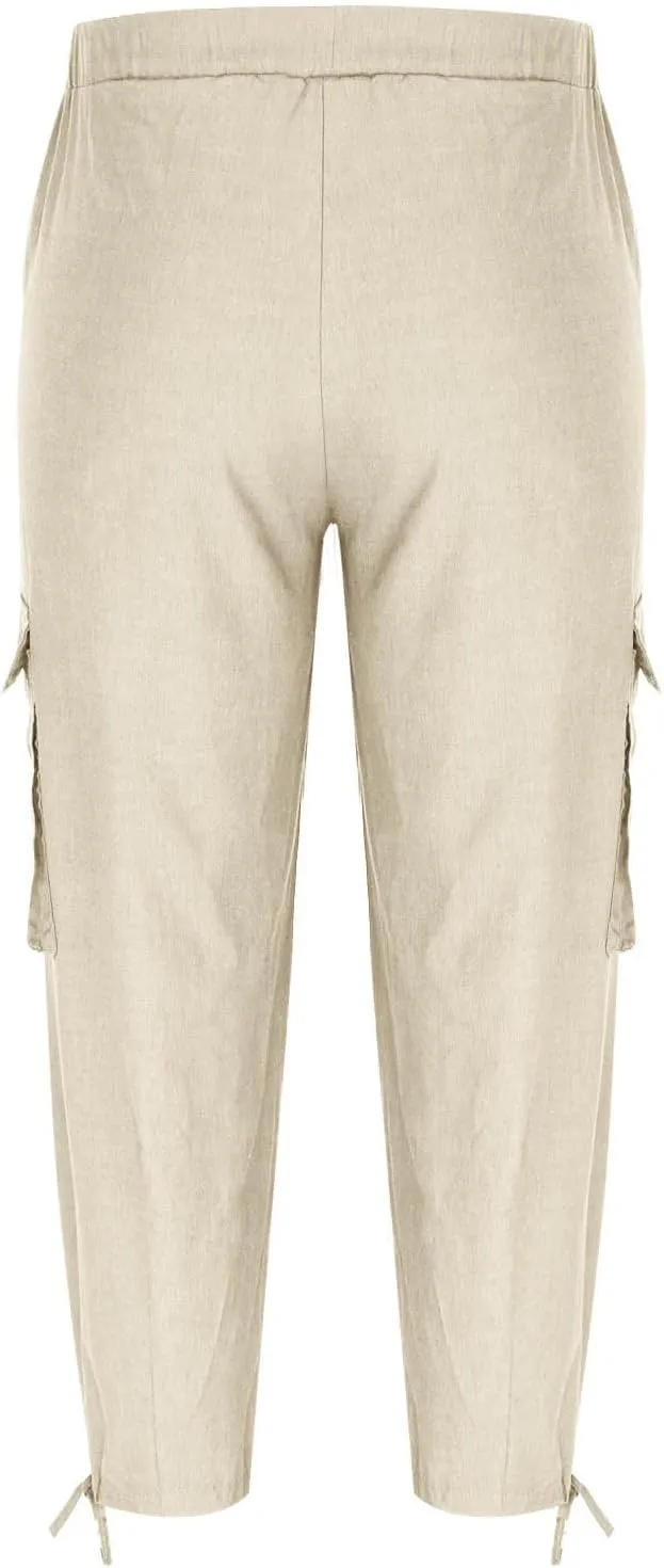 Men's Cotton Linen Lace up Elastic Waist Wide Leg Pants Fashion Solid Color Multiple Pockets Comfy Cargo Sweatpant