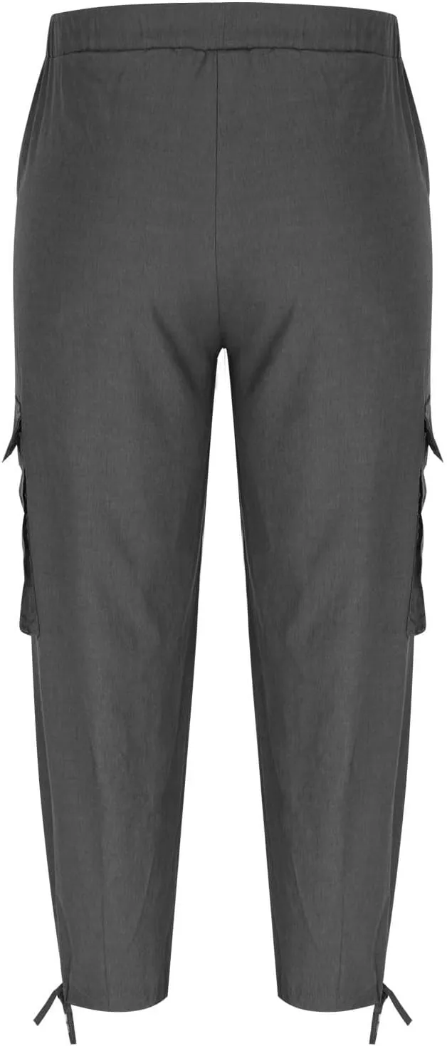 Men's Cotton Linen Lace up Elastic Waist Wide Leg Pants Fashion Solid Color Multiple Pockets Comfy Cargo Sweatpant