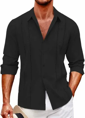 Mens Cuban Guayabera Shirt Casual Long Sleeve Button Down Shirts Solid Lightweight Summer Beach Hippie T Shirt