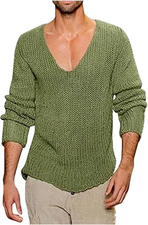 Mens Deep V Neck Sweater Slim Fit Lightweight Knitted Pullover Stylish Sweater Muscle Long Sleeve Low Cut Vneck Tee