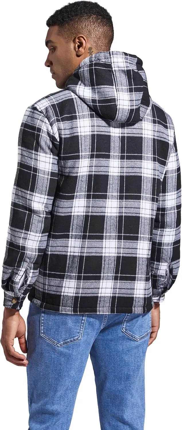 Men's Flannel Plaid Hooded Jackets Full Zip Sherpa Fleece Lined Hoodies Fashion Warm Coat