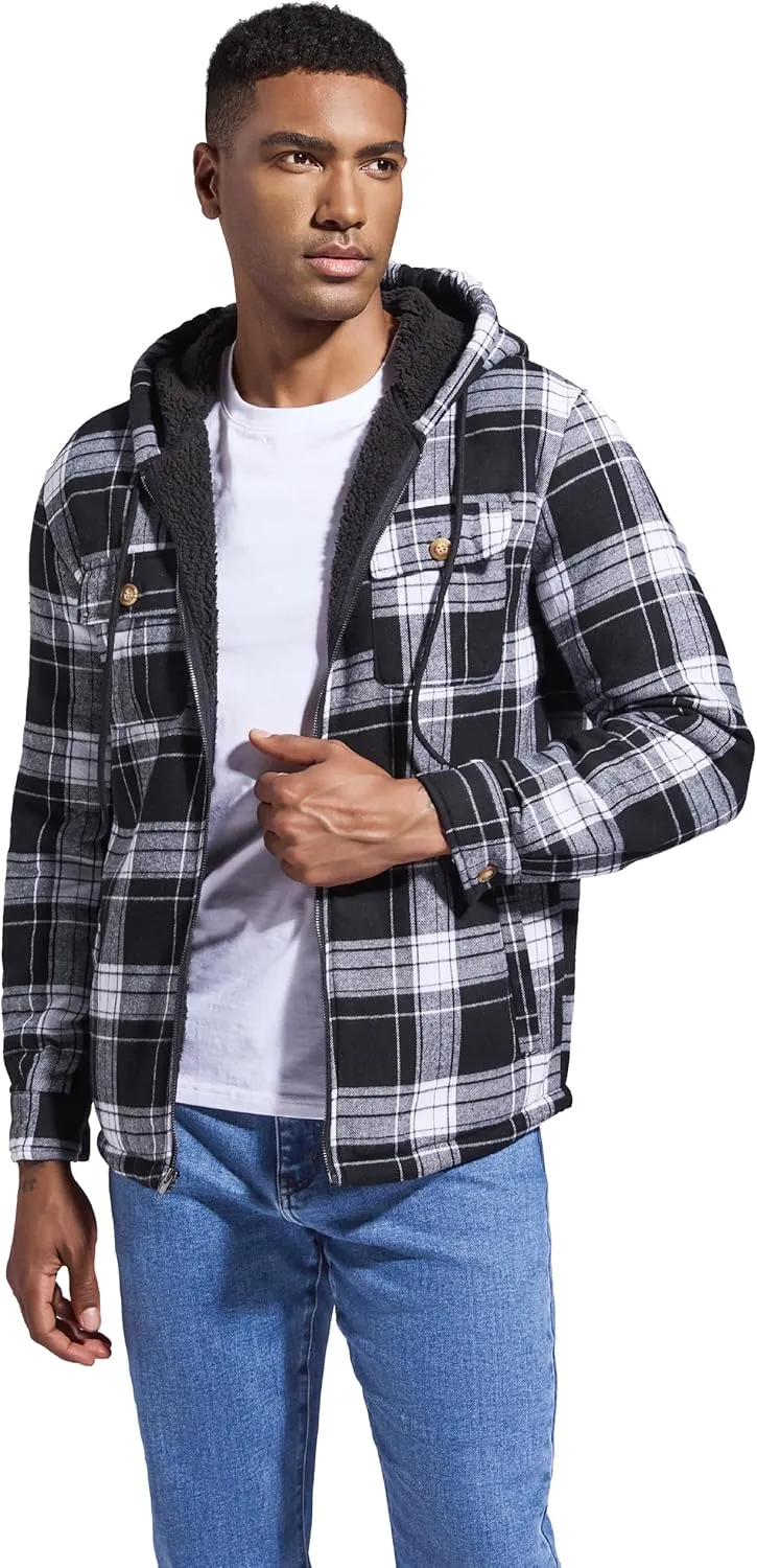 Men's Flannel Plaid Hooded Jackets Full Zip Sherpa Fleece Lined Hoodies Fashion Warm Coat