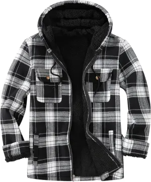Men's Flannel Plaid Hooded Jackets Full Zip Sherpa Fleece Lined Hoodies Fashion Warm Coat