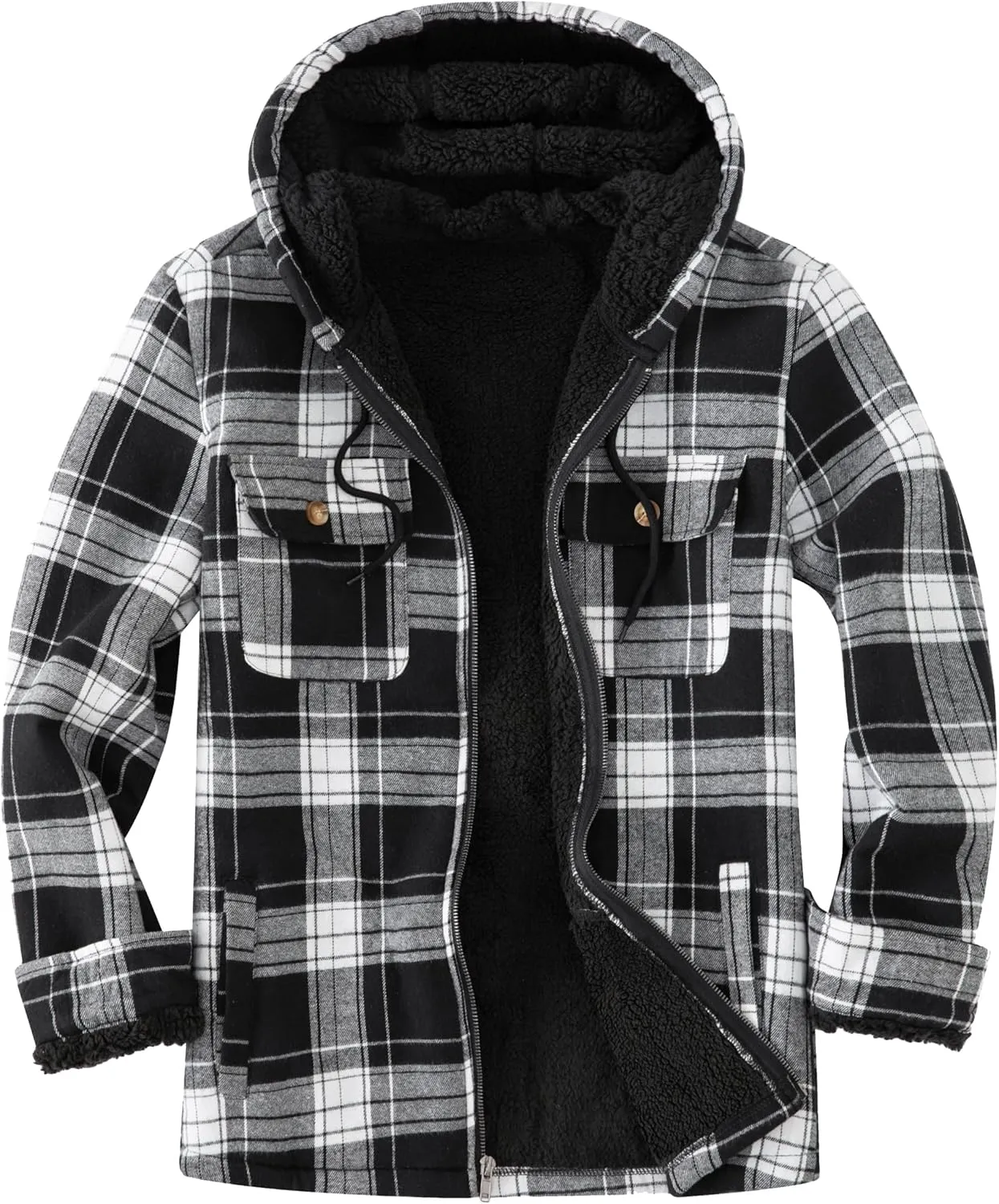 Men's Flannel Plaid Hooded Jackets Full Zip Sherpa Fleece Lined Hoodies Fashion Warm Coat