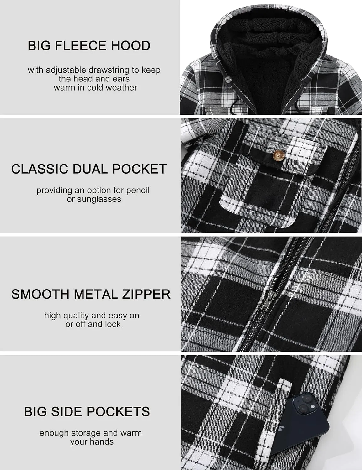 Men's Flannel Plaid Hooded Jackets Full Zip Sherpa Fleece Lined Hoodies Fashion Warm Coat