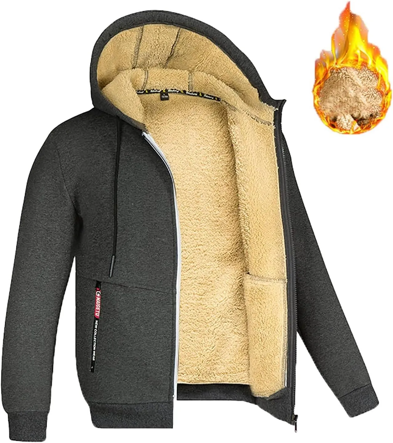 Mens Fleece Jacket Sherpa Fleece Lined Hoodies Full Zip Wool Warm Thick Coats Athletic Sweatshirt Overwear with Hood