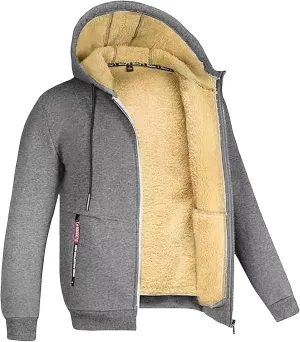 Mens Fleece Jacket Sherpa Fleece Lined Hoodies Full Zip Wool Warm Thick Coats Athletic Sweatshirt Overwear with Hood
