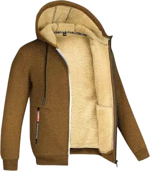 Mens Fleece Jacket Sherpa Fleece Lined Hoodies Full Zip Wool Warm Thick Coats Athletic Sweatshirt Overwear with Hood