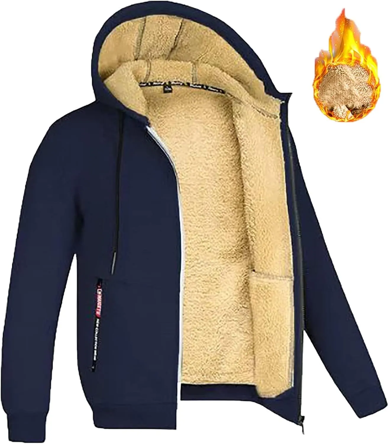 Mens Fleece Jacket Sherpa Fleece Lined Hoodies Full Zip Wool Warm Thick Coats Athletic Sweatshirt Overwear with Hood
